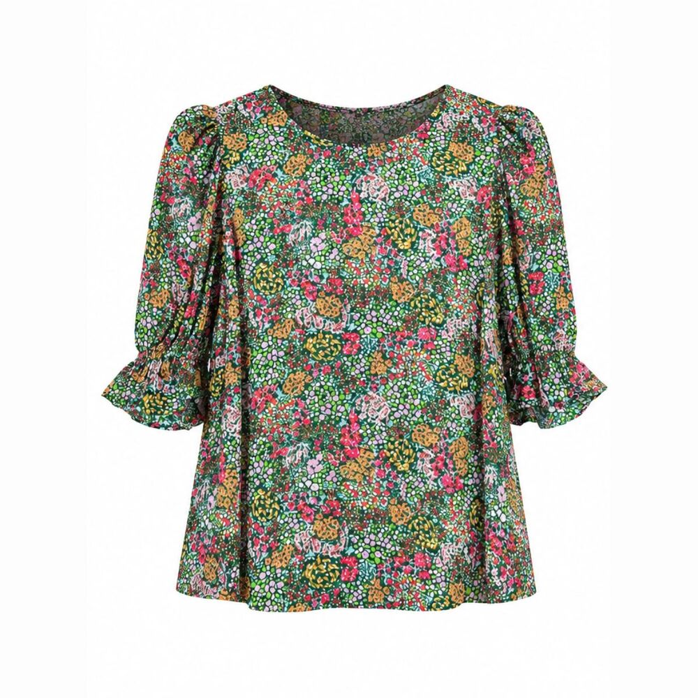 NWT Cartolina Nantucket Womens Top Green Floral Ditsy Puff Sleeve Blouse Boho XS